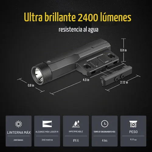 Vista 2 de DEFENTAC linterna de aluminio de 2400lm es compatible con riel Picatinny/Mlok para rifle, luz recargable para arma con modo