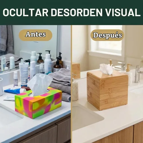 Vista 3 de Performore Funda cuadrada de bambú para caja de pañuelos, elegante soporte de papel facial de madera resistente al agua para baño, escritorio
