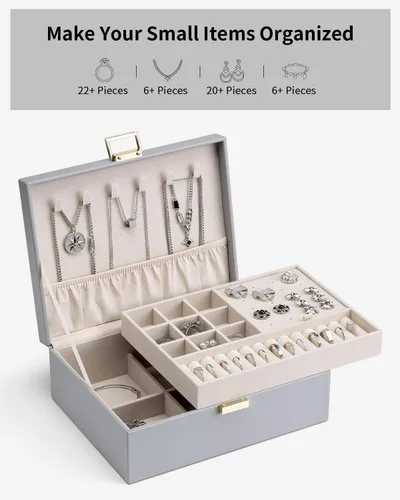 Vista 5 de Vlando - Joyero de 2 capas, joyero organizador grande para mujeres, bandeja de joyería removible para collares, aretes, anillos, pulseras, joyeros