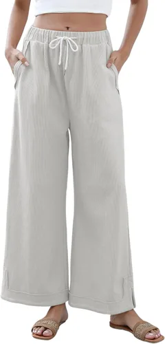 Vista 20 de Athlisan Pantalones Palazzo Holgados de Pierna Ancha para Mujer Casuales Sueltos con Cordón Cintura Elástica Pantalones de Descanso con Bolsillos