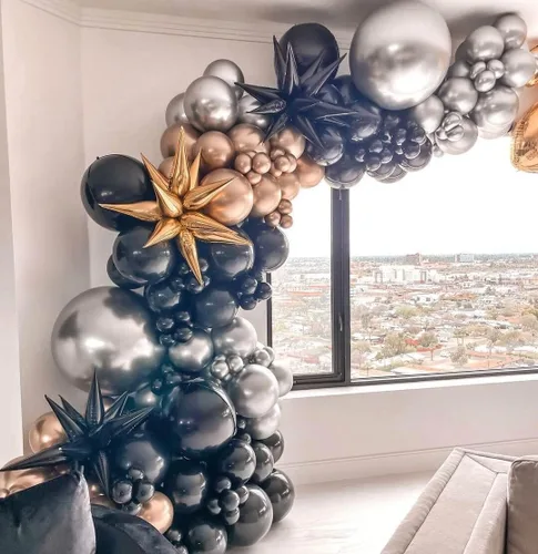 Vista 7 de 50 globos de aluminio negro con forma de cono de estrella grande de 26 pulgadas, globos de Mylar de estrella de explosión negra de 12 puntos 3D