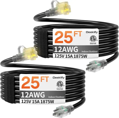 Vista 15 de Cable de extensión para exteriores de servicio pesado de calibre 12 de 50 pies con extremo iluminado, resistente al agua, cable de extensión de Negro