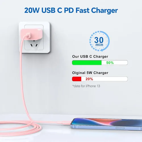 Vista 2 de Cargador para iPhone de carga rápida, certificado MFi, paquete de 3 adaptadores de cargador de pared USB C de 20 W PD con cable de carga rápida de 6