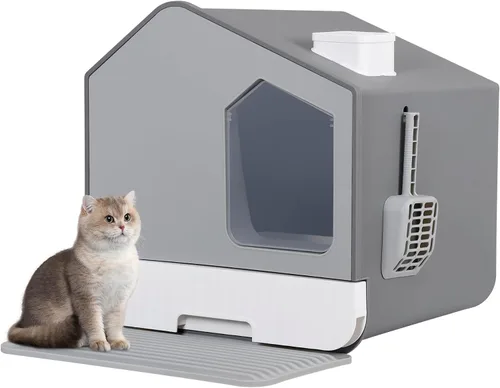 Vista 8 de LEMY Caja de arena grande cerrada para gatos, caja de arena gris con alfombrilla y cuchara de arena para gatos, inodoro inodoro inodoro