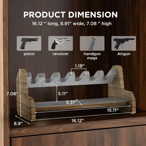 Vista 6 de Estante de madera para pistola seguro para armas, 6 ranuras para guardar accesorios seguros para armas, organización de revólver y soporte