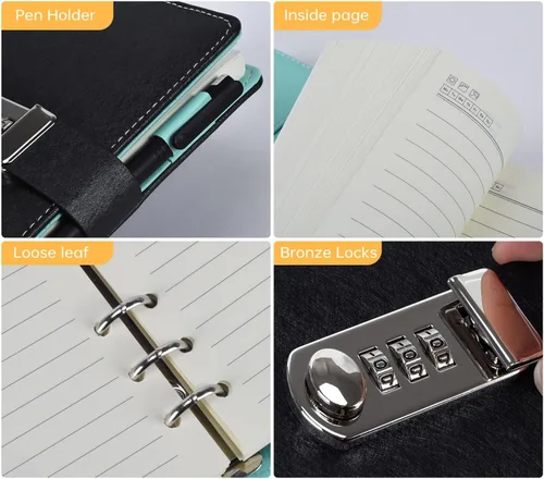Vista 2 de ARRLSDB Diary Journal for Women with Lock, PU Leather Combination Lock Diary A6 Refillable Leather Journal, Size:18.5X13.5 cm (Black)
