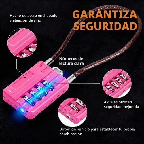 Vista 7 de SEPOX® Twins - Candado de combinación de 4 dígitos reiniciable, cable compacto de acero con vinilo de 18 cm (7.1 in) - Cerradura multiusos