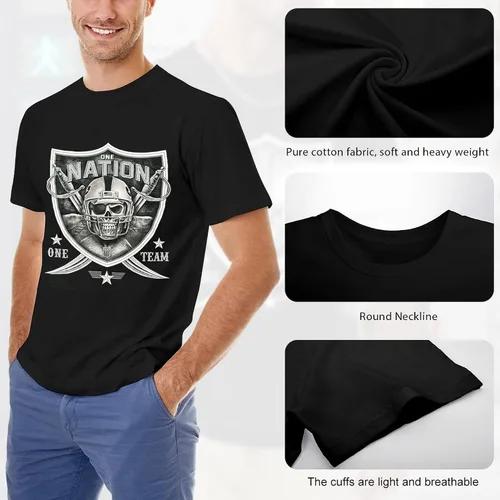 Vista 5 de One Nation One Team - Camiseta unisex de cuello redondo con diseño de calavera y espada en negro y blanco y plateado