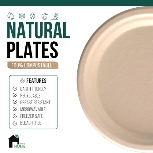 Vista 4 de EconoHome Platos de papel compostables de 10 pulgadas (paquete de 125) – Platos desechables ecológicos hechos de bagazo o fibra de caña de azúcar
