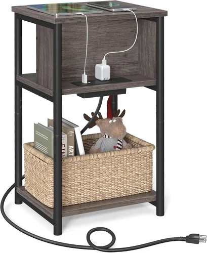 Vista 13 de VASAGLE Mesa auxiliar con estación de carga, mesa auxiliar de 3 niveles con puertos USB y tomas, mesita de noche para sala de estar, dormitorio
