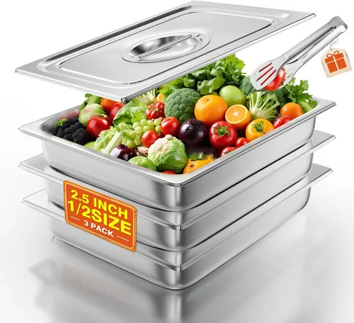 Vista 16 de WantJoin Recipientes Gastronómicos con Tapa 1/1 Tamaño Completo 4 Pulgadas de Profundidad Paquete de 3, Juegos de Bandejas de Metal de Acero