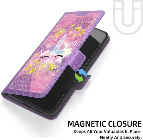 Vista 3 de Funda compatible con Huawei Y9 Prime 2019 con protector de pantalla de vidrio templado, bloqueo RFID, purpurina dorada y luminosa, LPT-DJS