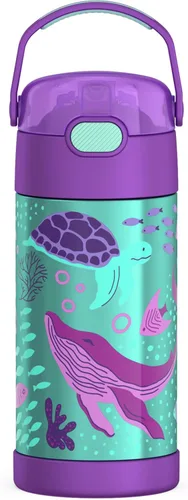Vista 29 de THERMOS FUNTAINER - Botella de agua con pajilla, 12 onzas, botella de agua de acero inoxidable aislada al vacío para niños con tapa, color negro