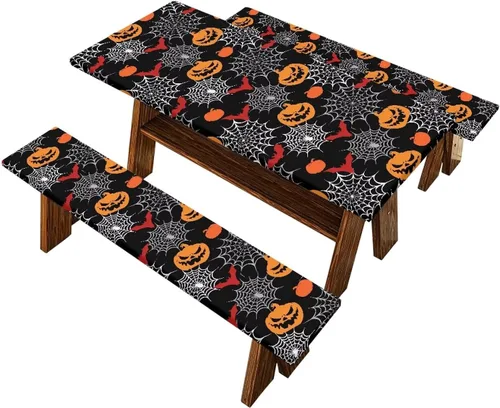 Vista 24 de Juego de 3 calcetines de árbol de Navidad de dibujos animados y galletas, funda de mesa de picnic ajustable con funda de banco, manteles Calcetines