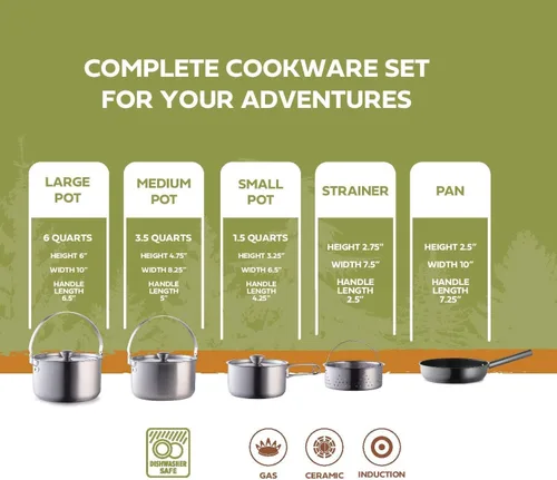 Vista 3 de Juego de utensilios de cocina de acero inoxidable 304 de 8 piezas para ollas y sartenes, kit de cocina de fuego abierto Sartén vaporera con bolsa