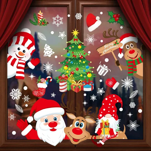 Vista 3 de Calcomanías navideñas para ventana, 267 unidades, reutilizables, de doble cara, impresas, autoadhesivas, decoración de ventana, Papá Noel, alce