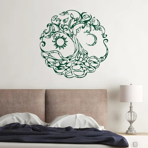 Vista 3 de Vinilo adhesivo para pared, diseño de árbol de la vida, símbolo celta, luna, sol, día, noche, decoración grande (722ig) (M 22.5 x 22.5 pulgadas)