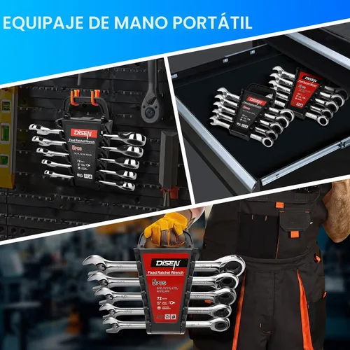 Vista 7 de DISEN Juego de 10 llaves de trinquete SAE y métricas con organizador de estante, acero CR-v premium, 12 puntos, 72 dientes, extremo de caja