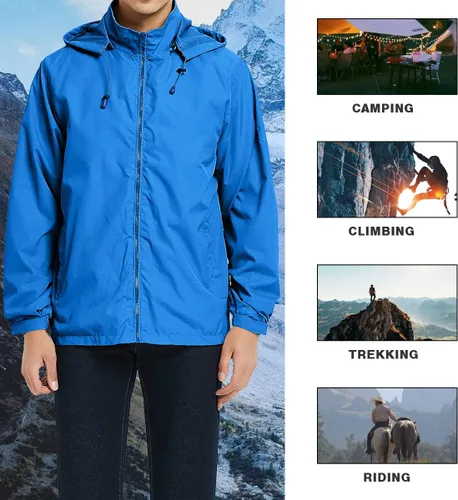Vista 6 de MYJAJAYI Chaqueta cortavientos ligera para hombre, impermeable, con capucha, con cierre de cremallera