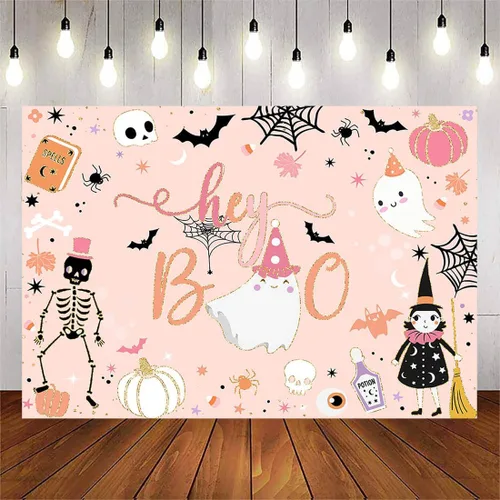 Vista 6 de Avezano Cartel de fondo de Halloween de Hey Boo de 7 x 5 pies, pancarta espeluznante de Little Boo, decoraciones para fiestas de Halloween para Negro