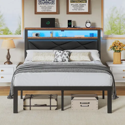 Vista 8 de ChicZhiNest Marco de cama tamaño Twin con estación de carga y luces LED, cama de plataforma de metal con cabecera de madera y estante
