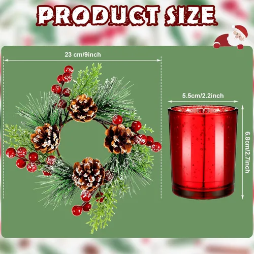 Vista 2 de Centros de mesa de Navidad, portavelas votivas de vidrio con piñas artificiales nevadas, bayas, anillos de vela de Navidad, decoración