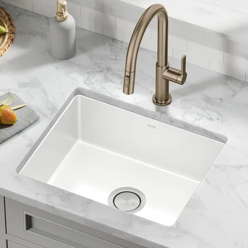 Vista 2 de Kraus Pintura Fregadero de cocina de acero con esmalte porcelánico de 21 pulgadas, montura por debajo, cuenco simple, en blanco, KE1US21GWH