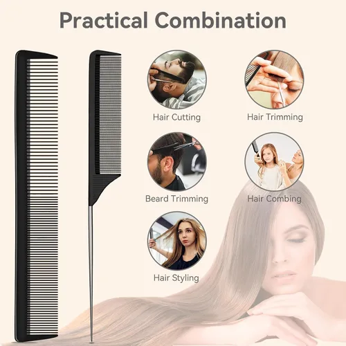 Vista 3 de Peine profesional para peluquería de dientes finos y anchos, de fibra de carbono, resistente al calor, con cola de acero inoxidable, para trenzar