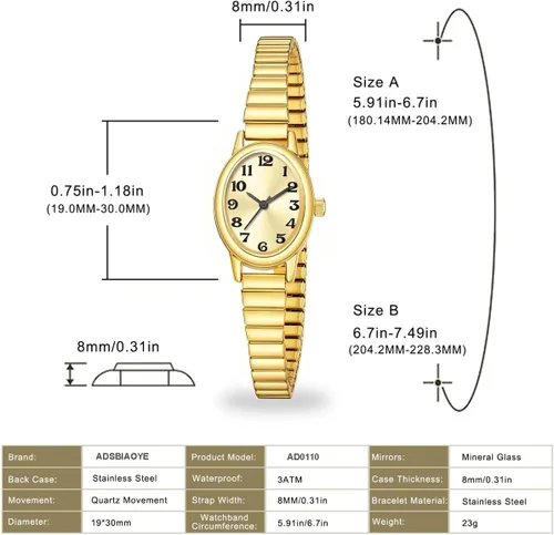 Vista 6 de ADSBIAOYE Relojes pequeños de oro para mujer, números arábigos, fácil de leer, reloj analógico con banda de expansión de acero inoxidable