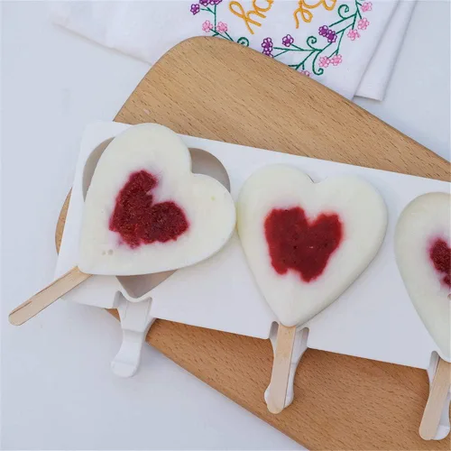 Vista 4 de Molde de barra de silicona para helado, 3 cavidades blancas en forma de corazón, moldes de silicona, moldes para paletas de chocolate, bandeja