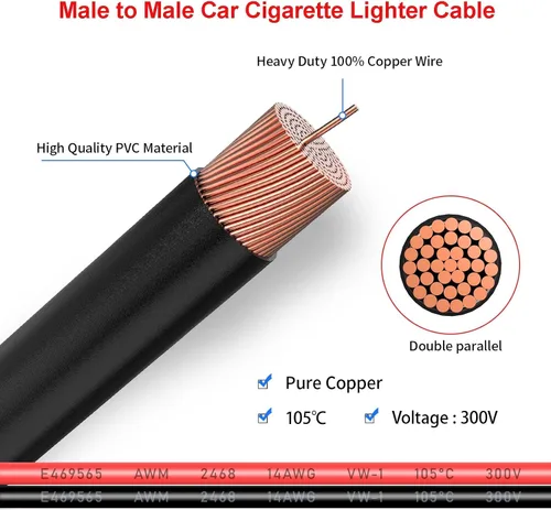 Vista 2 de ELFCULB Cable de encendedor de cigarrillos macho a macho, cable de extensión de enchufe de encendedor de cigarrillos de automóvil de 14 AWG 12 V