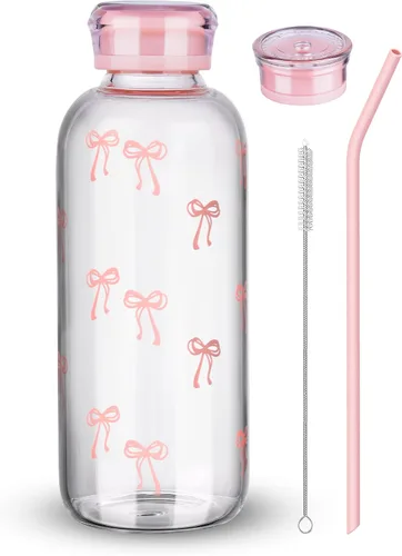 Vista 9 de NiHome Botella de agua de vidrio de 25 onzas / 25.4 fl oz con pajitas de metal, 2 tapas, gris ahumado High Borosilicate Glass Water Bottle with