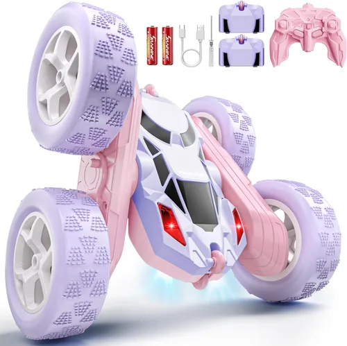 Vista 18 de Hamdol Auto de control remoto para niños, auto de acrobacias RC giratorio de 360°, vehículo eléctrico 4WD de doble cara con luces LED, autos de Azul
