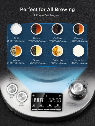 Vista 3 de Hervidor de té eléctrico, hervidor de vidrio con 9 ajustes preestablecidos de control de temperatura, tetera de 1200 W con infusor extraíble, 2