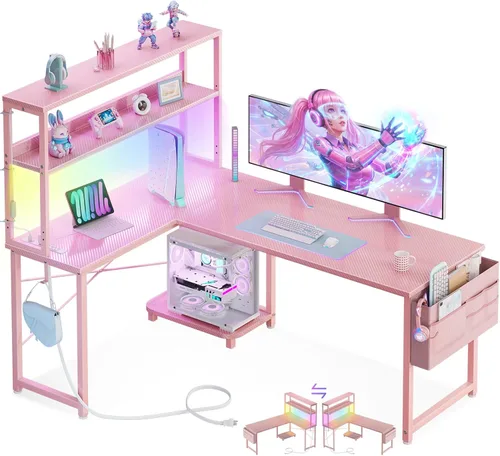 Vista 10 de ODK Escritorio en forma de L de 43 pulgadas con iluminación LED, escritorio reversible para juegos con tomas de corriente, mesa de computadora