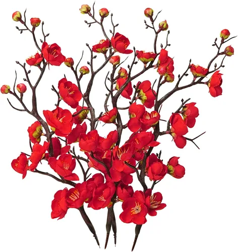 Vista 3 de LIUCOGXI 4 ramos de flores artificiales rojas de seda con ramas de flor de ciruelo de tacto real, sin tallo para mesa, ramo de boda, decoración