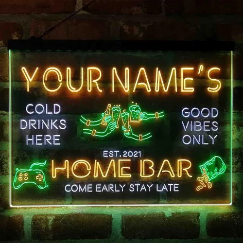 Vista 17 de Letrero de luz de neón LED tricolor para fiesta de cerveza, bar, personalizable, nombre, fecha, texto y cita, fuente verde y rojo y amarillo, 13 x