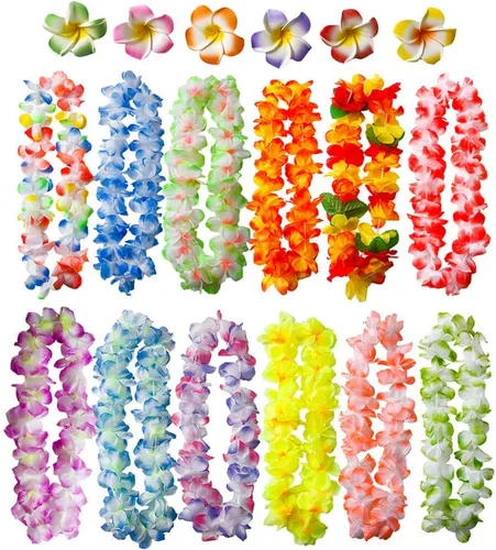 Vista 2 de 50 piezas suaves hawaianas Leis Luau decoraciones de fiesta tropicales regalos de fiesta Lei Hawaiian Flower Clip para el pelo, diademas y pulseras