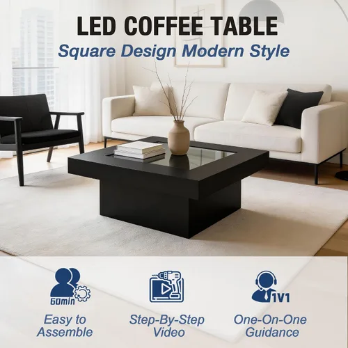 Vista 7 de FKWin Mesas de centro modernas negras – Mesa de centro cuadrada con espejo de profundidad infinita con luces LED, mesa negra para sala de estar