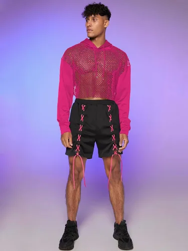 Vista 6 de Floerns Sudadera corta con capucha y cordón para hombre, manga larga, hombros caídos, con cordón