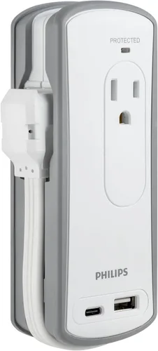 Vista 2 de Philips Protector contra sobretensiones de viaje de 2 salidas, 2 USB 1A/1C, 5V/3.4A, 300J, 1 pie, gris/blanco, SPP2111WA/37