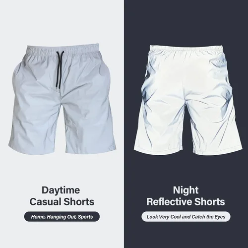 Vista 2 de Akkad Kuti Pantalones cortos reflectantes para hombre, pantalones cortos con cordón para correr y correr con luces fluorescentes