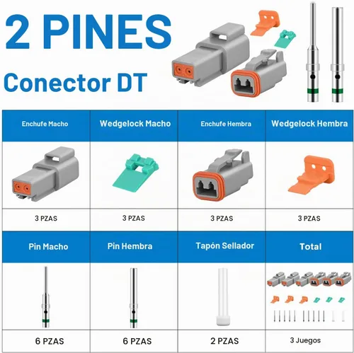 Vista 3 de Nilight Kit de conectores DT de 2 pines, 3 juegos de tamaño 16 contactos sólidos, terminal macho hembra impermeable para conectores de la serie DT
