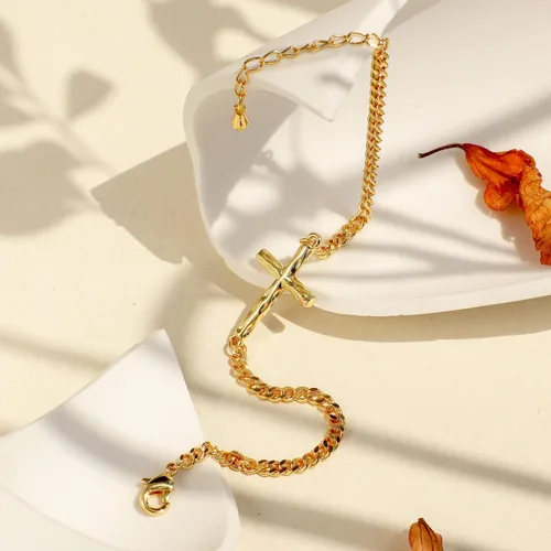 Vista 5 de Pulsera de cruz para mujer, chapada en oro de 18 quilates, pulsera de eslabones de cadena cubana, pulsera de oro para mujer, regalos de confirmación