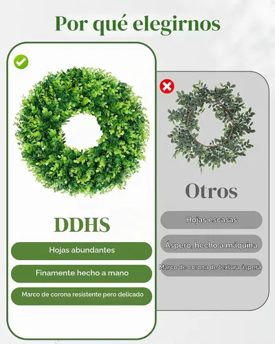 Vista 5 de DDHS Corona de boj de 18 pulgadas para puerta principal – Corona artificial verde de casa de campo, decoración DIY para primavera, verano, otoño e