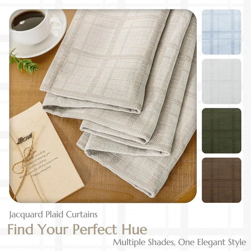 Vista 6 de Beauoop Cortinas Opacas de Jacquard a Cuadros Beige de 96 Pulgadas de Largo, 2 Paneles para Dormitorio y Sala de Estar, Cuadros Vichy