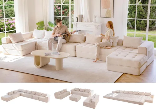 Vista 14 de MAXYOYO Sofá modular seccional, sofá plegable en forma de U con almohadas, sofá tumbona copetudo de 6 asientos sin huesos para sala de estar,