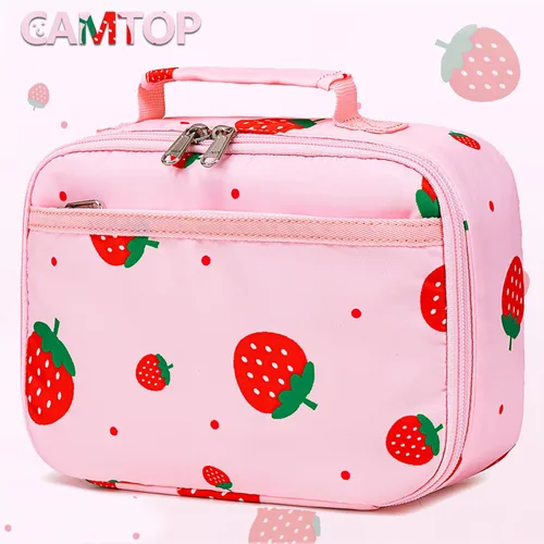 Vista 6 de CAMTOP Mochila para niños y niñas, mochilas preescolares con lonchera, juego de bolsa luminosa para jardín de infantes, rosado (Pink Strawberry)