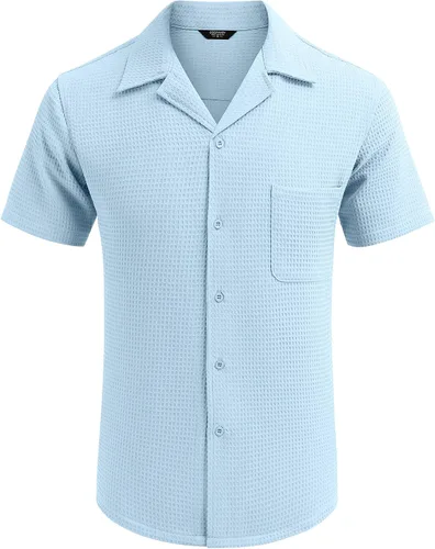 Vista 2 de COOFANDY Camisa de manga corta con botones para hombre, ajuste holgado, estilo cubano, para playa