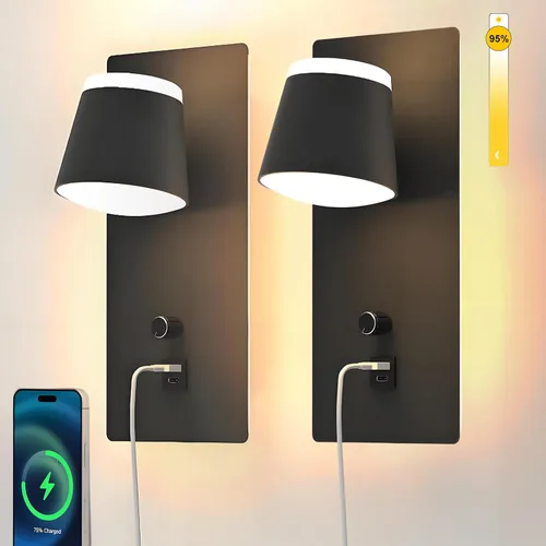 Vista 11 de Sytmhoe Aplique de pared LED con interruptor de atenuación, moderna lámpara de pared regulable con puerto USB + tipo C, iluminación montada